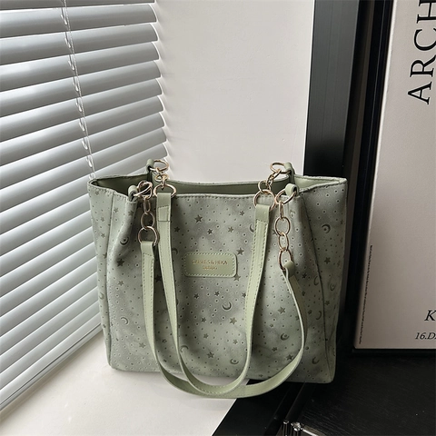Borsa Tote Minimalista Urbana con Stampa Stella Luna in Pelle PU con Decorazione a Catena Borsa a Tracolla Donna Grande Capacità
