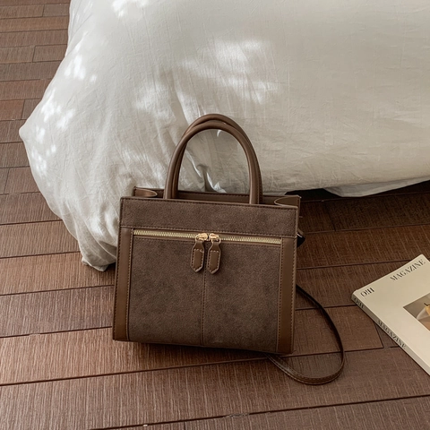 Sac à Épaule Vintage en PU et Suède pour Femmes Sac Cabas Carré Minimaliste avec Décoration à Fermeture Éclair pour Femme