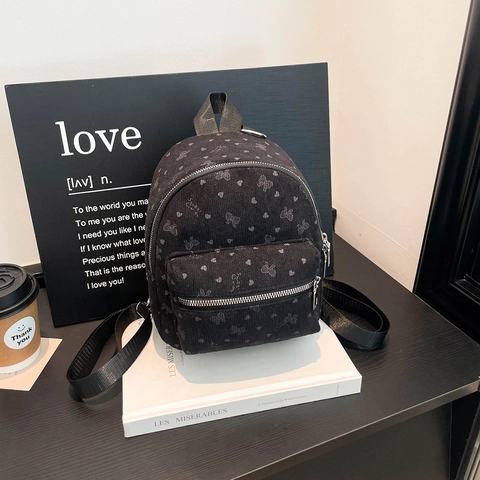 Mini Zaino in Velluto a Coste da Donna Cuore Fiocco Stampato Moda Casual Viaggio Borsa a Tracolla Piccolo Zainetto Stile Invernale