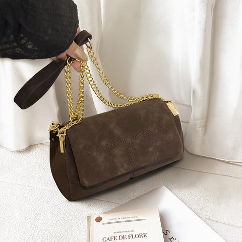 Borsa a Spalla da Donna Vintage in Pelle Scamosciata PU Con Catena Borsa a Tracolla Grande Capacità per Pendolarismo