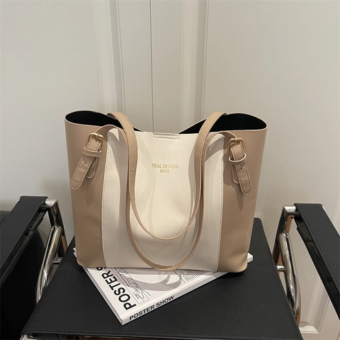 Sac Cabas Femme Rétro Bloc de Couleur Grande Capacité Urbain Minimaliste en Cuir PU Sac à Épaule pour Trajet Sac à Main
