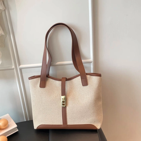 Women Vintage Canvas PU Leather Patchwork Tote Bag Large Capacity Commuter Shoulder Bag Color Block Handbag Metal Buckle