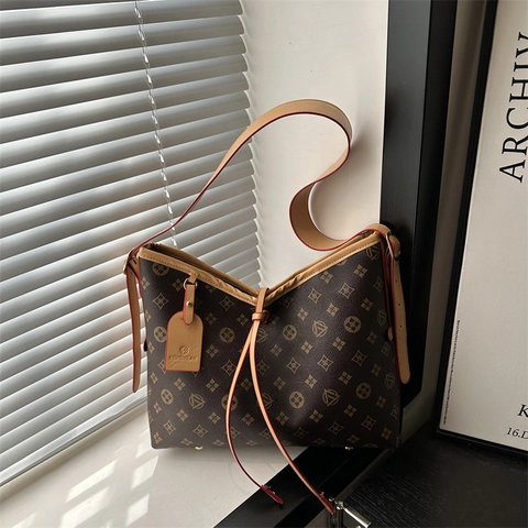 Damen Große Kapazität PU Leder Monogramm Tote Bag Vintage Pendler Schultertasche Mit Monogramm Druck Muster Täglich Mode Handtasche