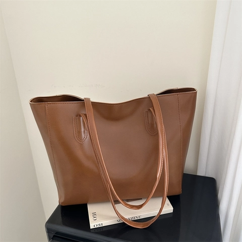 Minimalist PU Leather Tote Bag For Women Large Capacity Solid Color Fashion Shoulder Bag Underarm Commuter Handbag