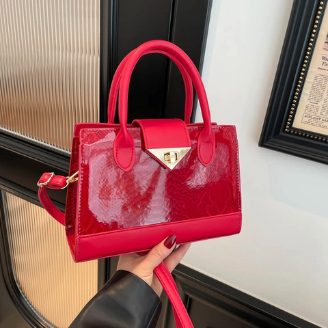 Damen Glänzende Schlangenmuster PU Leder Schultertasche Vintage Metallschloss Umhängetasche Mit Verstellbarem Riemen