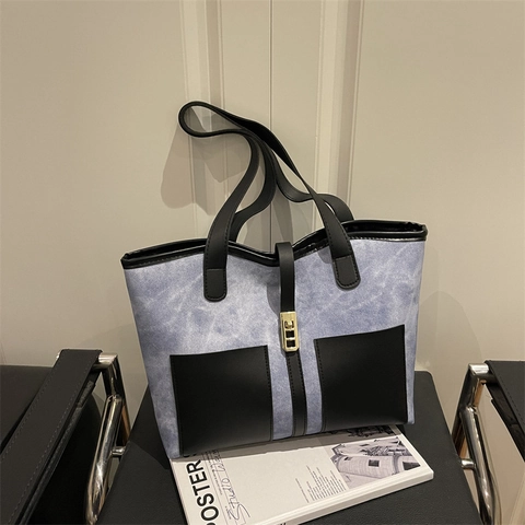 Bolso Tote de Gran Capacidad para Mujer Retro Color de Contraste Cuir PU Bolso de Hombro Minimalista Casual Viaje Diario Cremallera