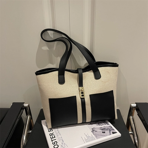 Bolso Tote de Gran Capacidad para Mujer Retro Color de Contraste Cuir PU Bolso de Hombro Minimalista Casual Viaje Diario Cremallera