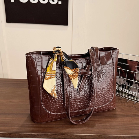 Women Fashion PU Leather Crocodile Pattern Tote Bag With Satin Scarf Large Capacity Urban Simple Daily Commuter Shoulder Bag