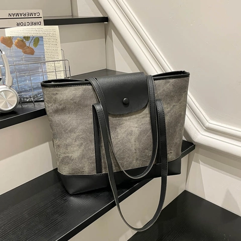 Bolso de Mano para Mujer Vintage Color Block Lona Cuero PU Patchwork Bolso de Hombro Casual Conmutar Gran Capacidad