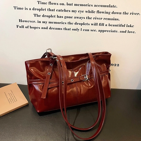 Women's Glossy Patent Leather Shoulder Bag Retro Belt Buckle Large Capacity Underarm Tote Bag Solid Color Trendy Handbag