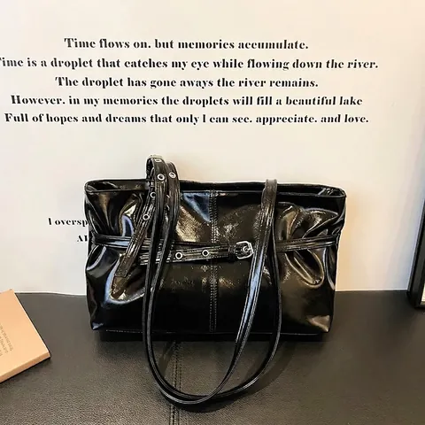 Women's Glossy Patent Leather Shoulder Bag Retro Belt Buckle Large Capacity Underarm Tote Bag Solid Color Trendy Handbag