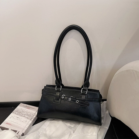 Bolso de Hombro de Cuero PU Vintage para Mujer con Hebilla de Cinturón Retro Elegante Color Sólido Chic Casual Bolso de Mano Cuadrado