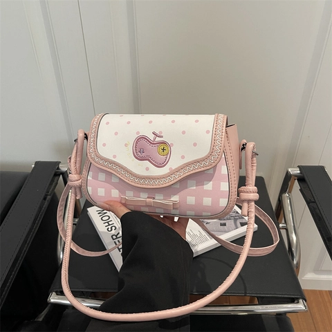 Sac À Épaule Femme Doux Plaid Pois Couleur Contrastée Cuir PU Broderie Patchwork Sac Bandoulière Avec Décoration Nœud Main