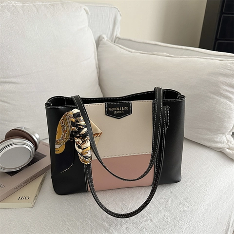 Bolso de Hombro para Mujer Minimalista Urbano Vintage Bloques de Color Bolso Tote de Cuero PU de Gran Capacidad Con Pañuelo de Seda para Uso Diario