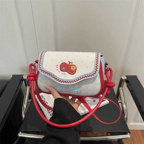 Sac À Épaule Femme Doux Plaid Pois Couleur Contrastée Cuir PU Broderie Patchwork Sac Bandoulière Avec Décoration Nœud Main