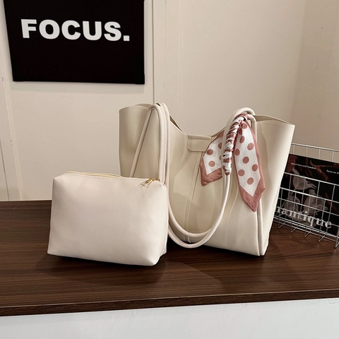 Borsa Tote in Pelle PU Grande Capacità da Donna Con Sciarpa a Pois Elegante Borsa a Spalla per Pendolari Borsa alla Moda