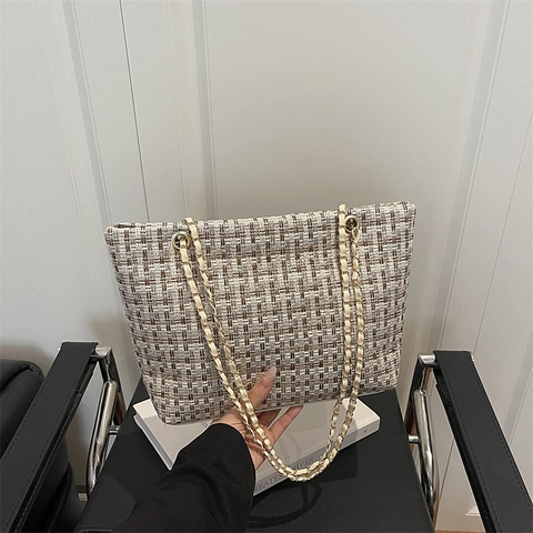 Sac Fourre-tout Femme en PU à Motifs Écossais Grande Capacité Style Urbain Minimaliste Sac à Bandoulière Chaîne Travail
