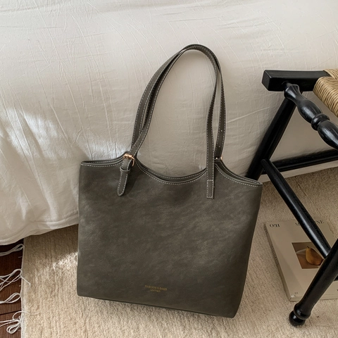 Bolso Tote de Moda para Mujer Gran Capacidad Cuero PU Costuras en Contraste Bolso de Hombro Minimalista Retro Escuela