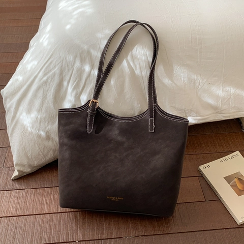 Bolso Tote de Moda para Mujer Gran Capacidad Cuero PU Costuras en Contraste Bolso de Hombro Minimalista Retro Escuela