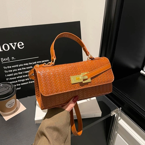 Mode Webstruktur Schultertasche Für Damen PU Leder Quadratische Handtasche Mit Goldschloss Und Verstellbarem Riemen Minimalistische Umhängetasche