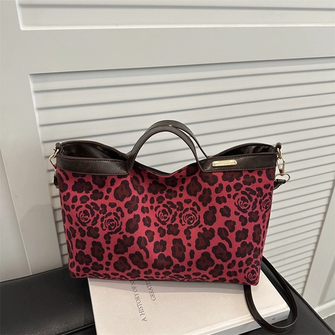 Damen Vintage Leopardenmuster Rosenmuster Wildlederimitat Tote Bag Große Kapazität PU Lederbesatz Umhängetasche Lässige Handtasche