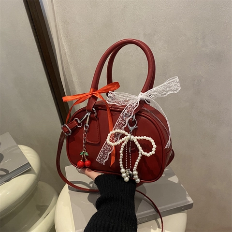 Retro Leopard Print PU Leather Boston Shoulder Bag With Cherry Pearl Bow Lace Decoration Trendy Large Capacity Handbag For Women
