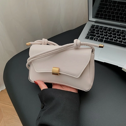 Bolso de Hombro de Cuero de PU Minimalista para Mujer Cerradura de Metal Vintage Correa Anudada Color Sólido Bolso de Moda