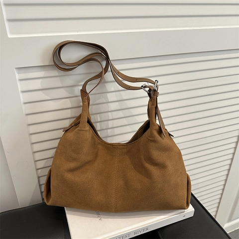 Bolso Tote de PU Ante Gran Capacidad para Mujer Vintage Hobo Bolso de Hombro Correa Ajustable Color Sólido Minimalista