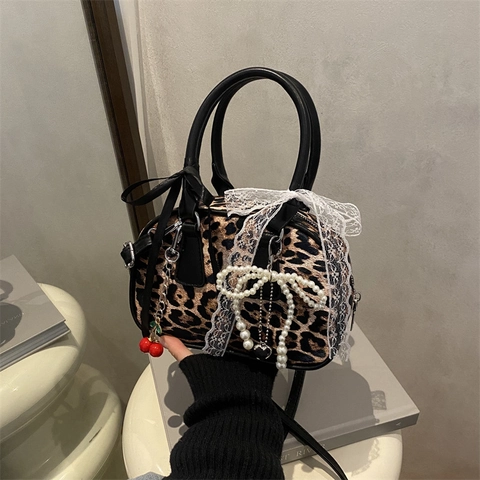 Bolso de Mano de Leopardo para Mujer Bandolera Vintage Con Lazo de Encaje Perla Artificial Colgante de Cereza Cuero Sintético