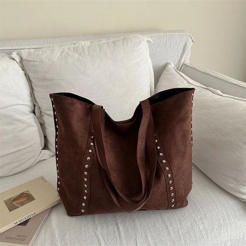 Large Capacity Rivet PU Tote Bag For Women Retro Style Suede Texture Shoulder Bag Chic Minimalist Solid Color Handbag