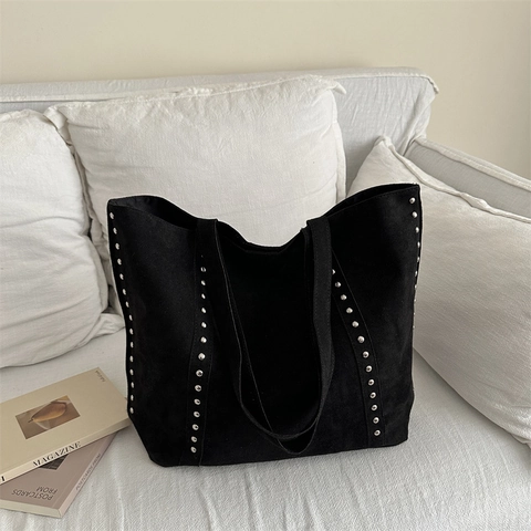 Large Capacity Rivet PU Tote Bag For Women Retro Style Suede Texture Shoulder Bag Chic Minimalist Solid Color Handbag