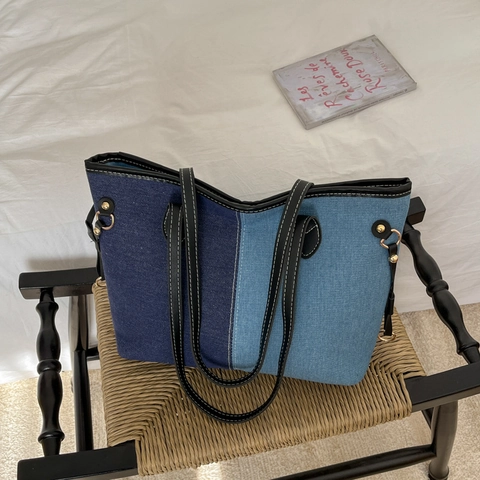 Sac Cabas en Denim pour Femmes Grande Capacité Épissage de Couleurs Contrastées Sac à Épaule Bandoulière PU Surpiqûres Contrastées