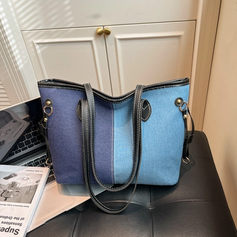 Sac Cabas en Denim pour Femmes Grande Capacité Épissage de Couleurs Contrastées Sac à Épaule Bandoulière PU Surpiqûres Contrastées