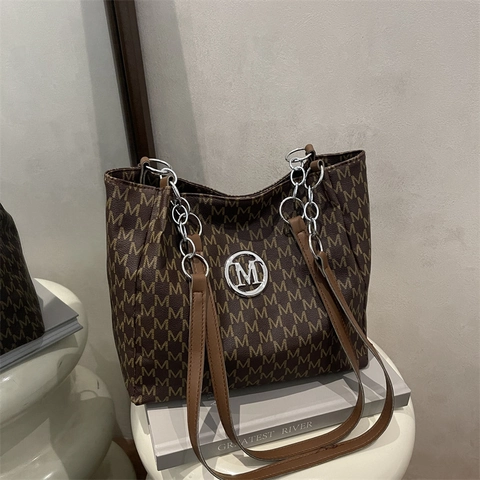 Bolso de Mano Vintage Gran Capacidad Monograma Mujeres Cuero Artificial Retro Cadena Bolso de Hombro Diario Conmutación