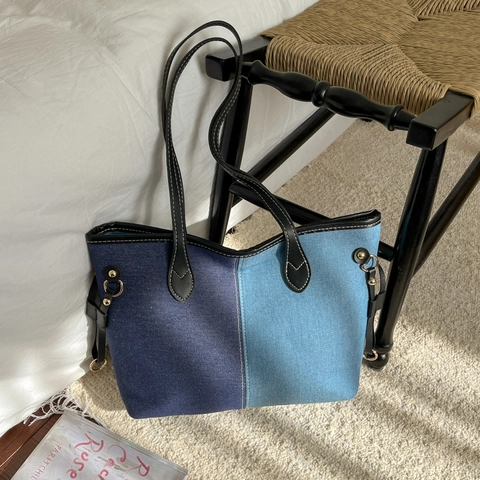 Dames Patchwork Denim Tote Bag Grote Capaciteit Casual Schoudertas Met Contraststiksel En Leren Riemen Retro Handtas