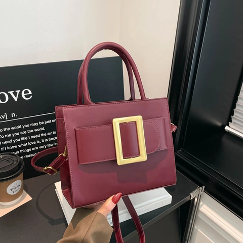 Bolso de Hombro Vintage de Cuero Sintético para Mujer Con Hebilla Metálica Cuadrada Bolso de Mano Minimalista Urbano