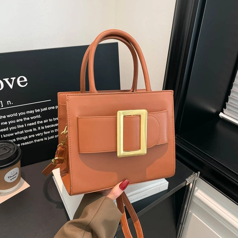 Bolso de Hombro Vintage de Cuero Sintético para Mujer Con Hebilla Metálica Cuadrada Bolso de Mano Minimalista Urbano