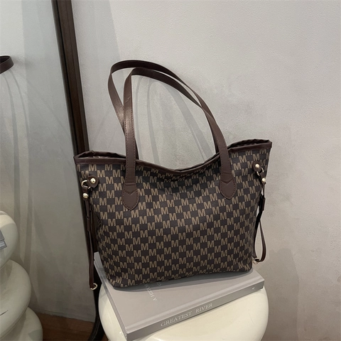 Damen Retro PU Leder M Buchstaben Druck Tote Bag Große Kapazität Pendeln Schulter Achsel Tasche Urban Minimalistisch Mode Handtasche