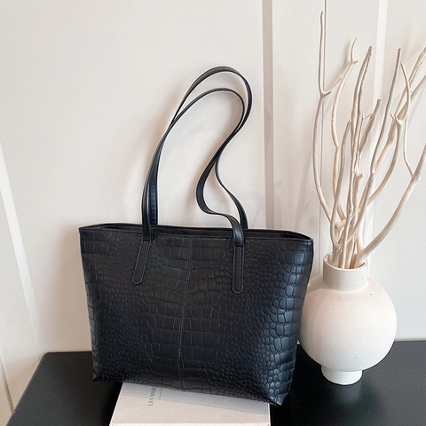 Women Large Capacity Crocodile Pattern Tote Bag Minimalist PU Leather Shoulder Bag For Commuting Everyday Handbag