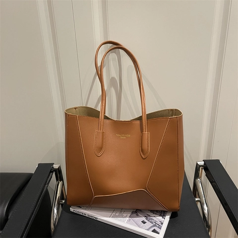 Grote Capaciteit PU Lederen Draagtas Voor Vrouwen Minimalistisch Geometrisch Stiksel Schoudertas Elegant Pendelen Casual Handtas Werk