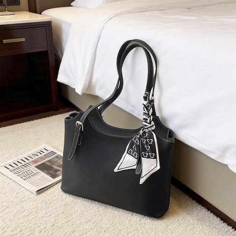 Dames PU Lederen Tote Bag Grote Capaciteit Schoudertas Met Sjaal Contraststiksel Minimalistisch Woon-Werkverkeer Tas