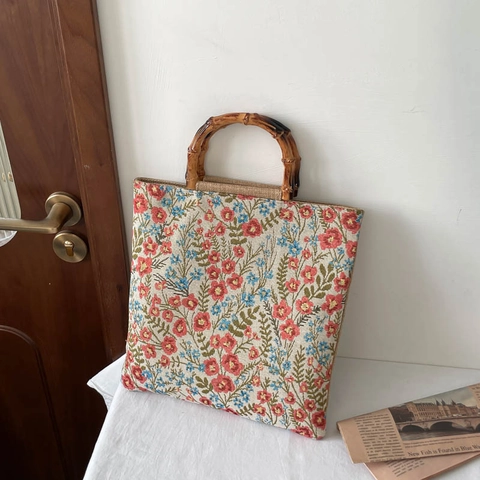 Borsa Tote in Tela Floreale Retrò per Donna Con Manico in Bambù Naturale Vintage Piccoli Fiori Stampati Borsa a Spalla Quotidiana