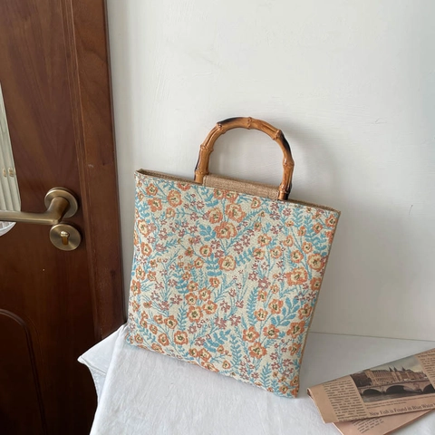 Borsa Tote in Tela Floreale Retrò per Donna Con Manico in Bambù Naturale Vintage Piccoli Fiori Stampati Borsa a Spalla Quotidiana