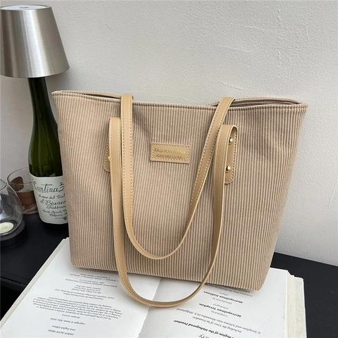 Bolso Tote de Pana de Gran Capacidad para Mujer Bolso de Hombro Minimalista de Color Sólido Con Cremallera para Uso Diario