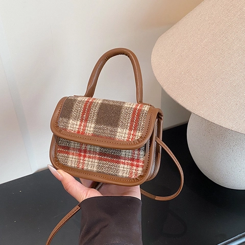 Bolso Cuadrado Mini Urbano Simple a Cuadros Para Mujer Ribete de Cuero PU Bolso Bandolera Moda Retro Bolso de Mano Pequeño