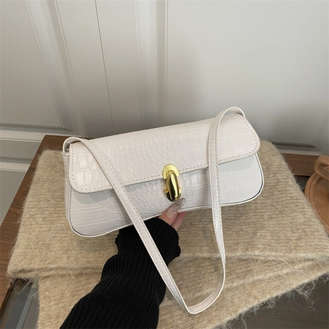Bolso de Axila para Mujer de Cuero PU con Patrón de Cocodrilo Moda Bolso de Hombro Baguette Francés con Hebilla de Metal Retro
