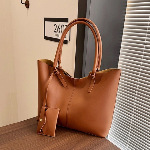 Women Minimalist PU Leather Tote Bag Large Capacity Solid Color Urban Vintage Shoulder Bag With Mini Pouch Handbag