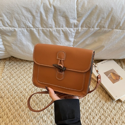 Borsa a Spalla da Donna Retro in Pelle PU Stile Accademico Giapponese Borsa a Tracolla Piccola Quadrata Con Alamari Cuciture a Contrasto