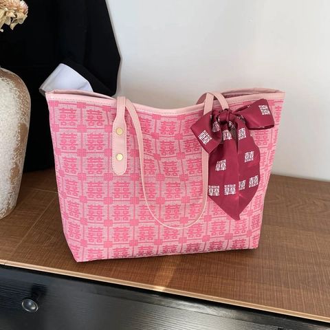 Sac Cabas Jacquard Double Bonheur Style Chinois Avec Nœud Foulard Sac à Épaule en PU pour Mariage et Fêtes Femmes