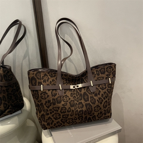 Vintage Large Capacity Suede Tote Bag For Women Retro Casual Leopard Print Shoulder Bag Chic Solid Color Top Handle Bag